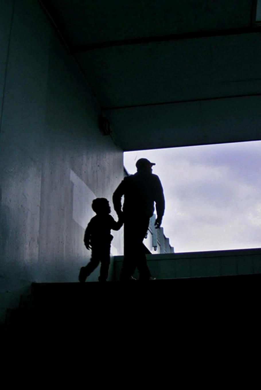 dad, child, commitment, fog, cold, walking, run, people, silhouette, men