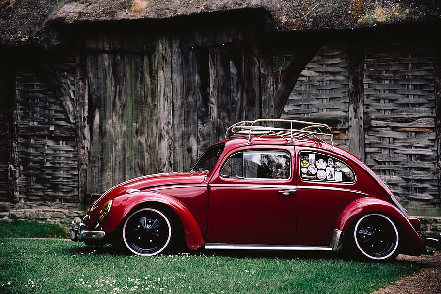 red, volkswagen beetle coupe, parked, green, grass, vintage, car, auto, vehicle, outdoor