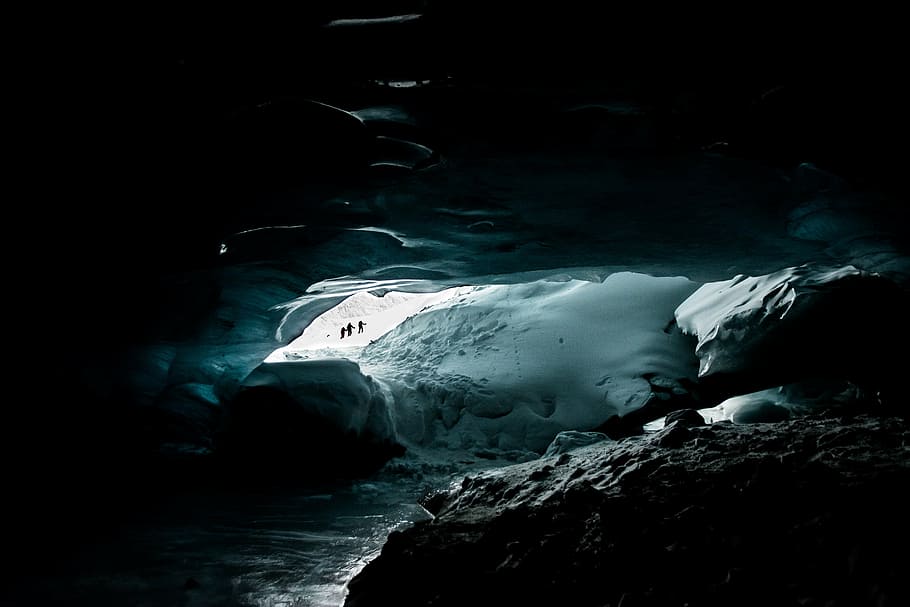 lowlight photo, cave, cold, ice, nature, outdoors, river, scenic, snow, water