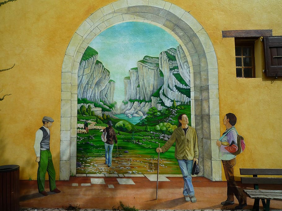 grupo, pessoas, em pé, frente, pintura em arco, parede, desfiladeiro dos portões dos desfiladeiros de verdon, personagens, paisagem, arquitetura