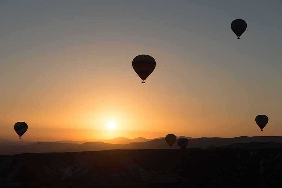balon udara panas, siang hari, balon, cappadocia, fajar, kapadokia, bola aerostatik, kendaraan udara, langit, matahari terbenam