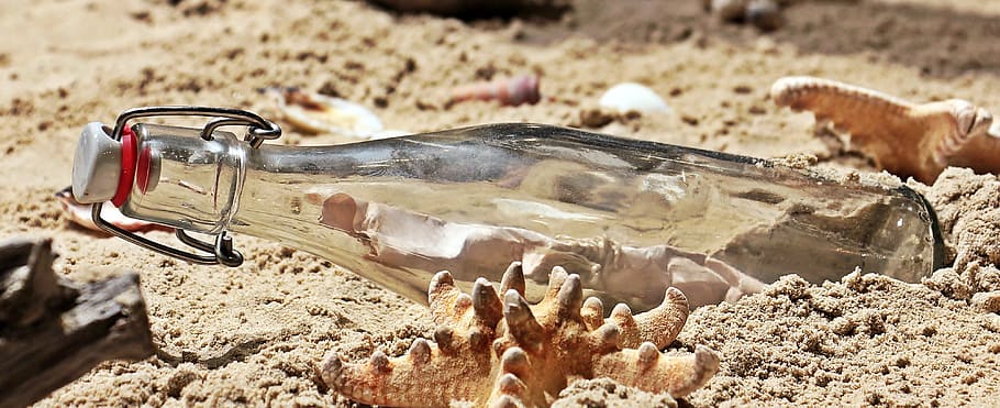 clear, glass bottle, brown, sand, seashells, message in a bottle, bottle, post, beach, letters