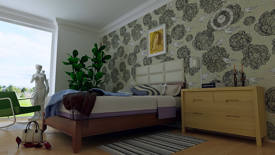 wallpaper, wall, room, bedroom, bed, apartment, furniture, domestic room, home interior, indoors