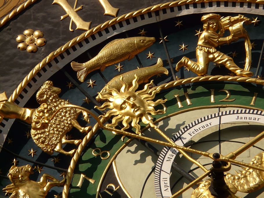 closeup, gold-colored, green, zodiac sign tower clock, astronomical clock, clock, time, time of, date, day