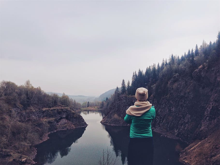 person, looking, river, foggy, sky, woman, wearing, green, shirt, standing