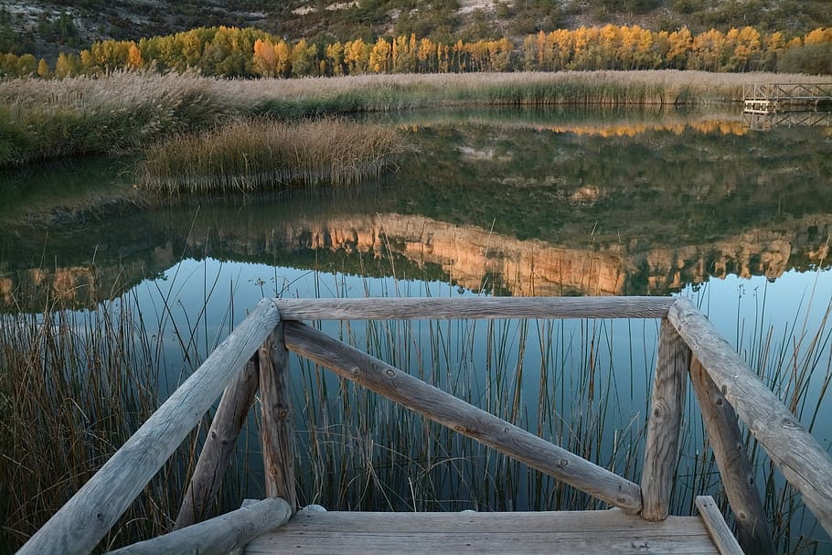 Muelle de madera, lagos, cuenca, paisaje de otoño, lago, agua, naturaleza, día, aire libre, tranquilidad