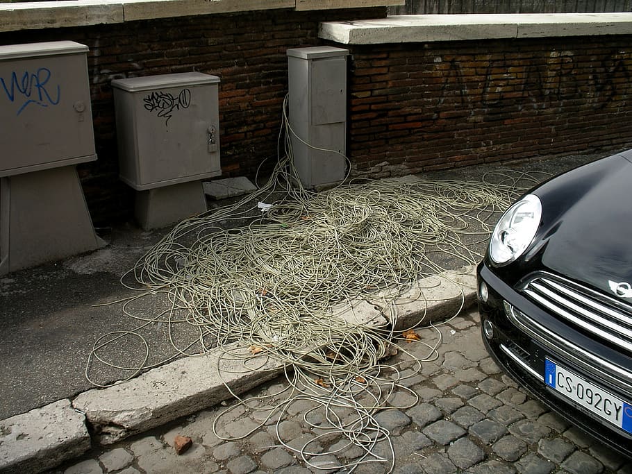 cable salad, telephone cable, telecom italia, rome, roman relations, italy, mode of transportation, day, fishing, stack