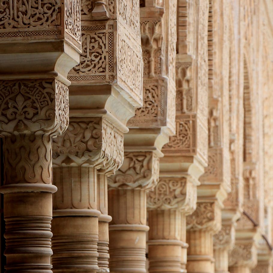 closeup, photography, concrete, posts, daytime, stone carving, alhambra, spain, granada, pattern
