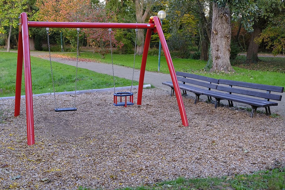 playground, swing, play, game device, children's playground, swing seat, swing device, bank, wooden bench, childhood - Pxfuel