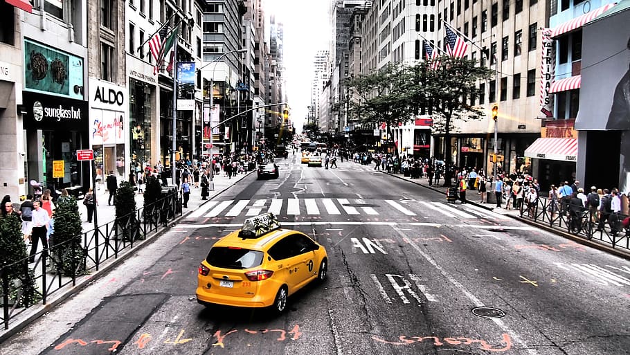 yellow, cab, road, high-rise, buildings, yellow cab, on road, road between, high-rise buildings, taxi
