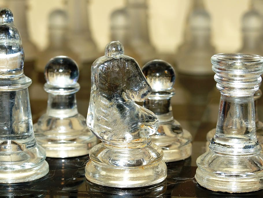 chess, chess set, chess pieces, knight, glass, pieces, board game, close-up, table, game