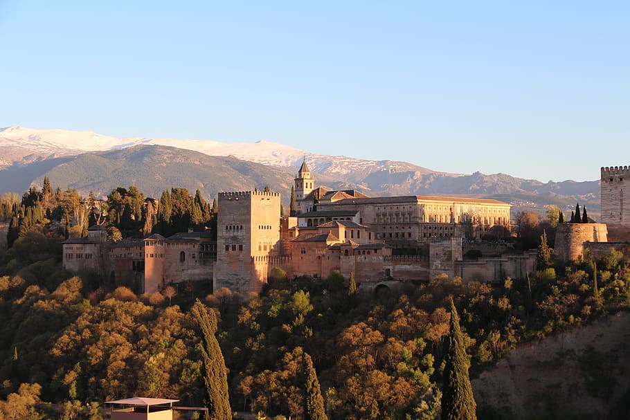 brown concrete castle, architecture, panorama, city, travel, alhambra, granada, building exterior, built structure, mountain
