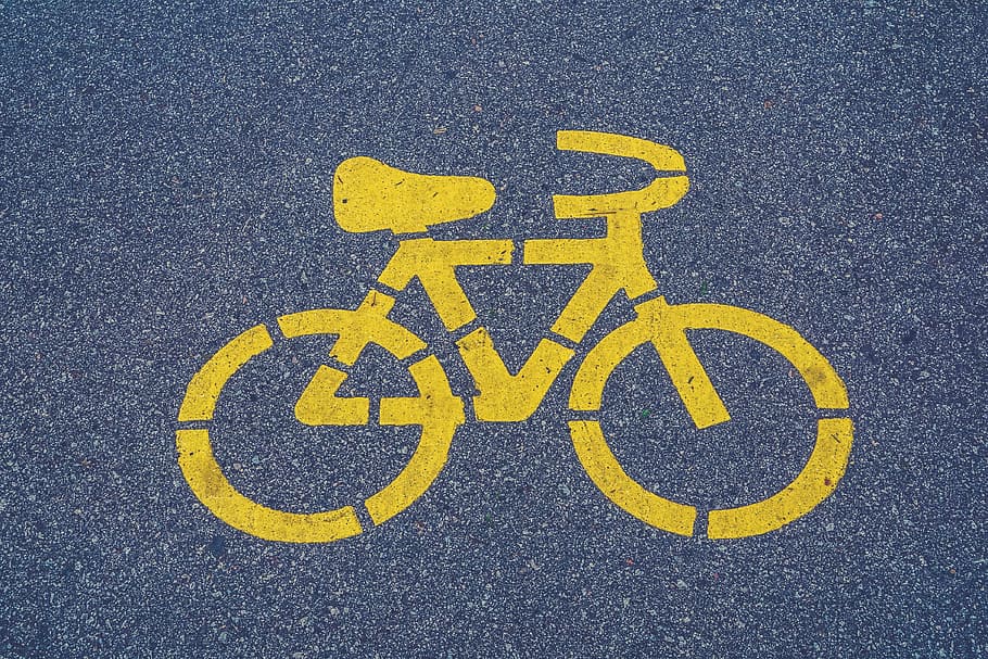 tanda jalur sepeda, kuning, sepeda, ilustrasi, trotoar, kursi roda, jalan, komunikasi, transportasi, aspal
