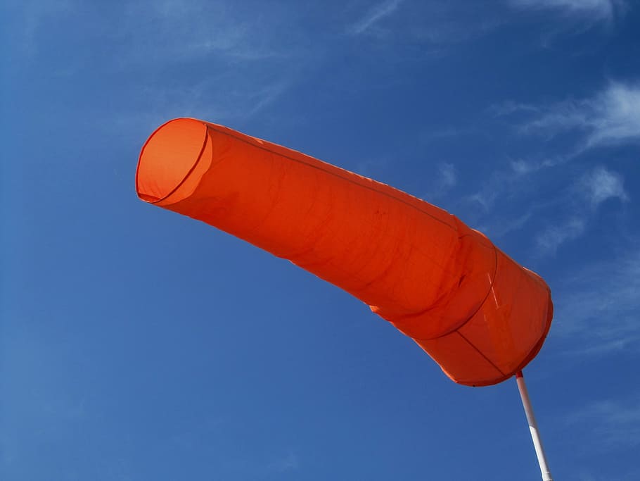 Windsock, Orange, Blowing, Wind, bright, deep blue sky, pole, blue, red, sport