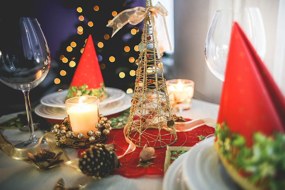 ao redor !, Natal, ao redor, vela, jantar de natal, cenário de natal, árvore de natal, vidro, pratos, mesa
