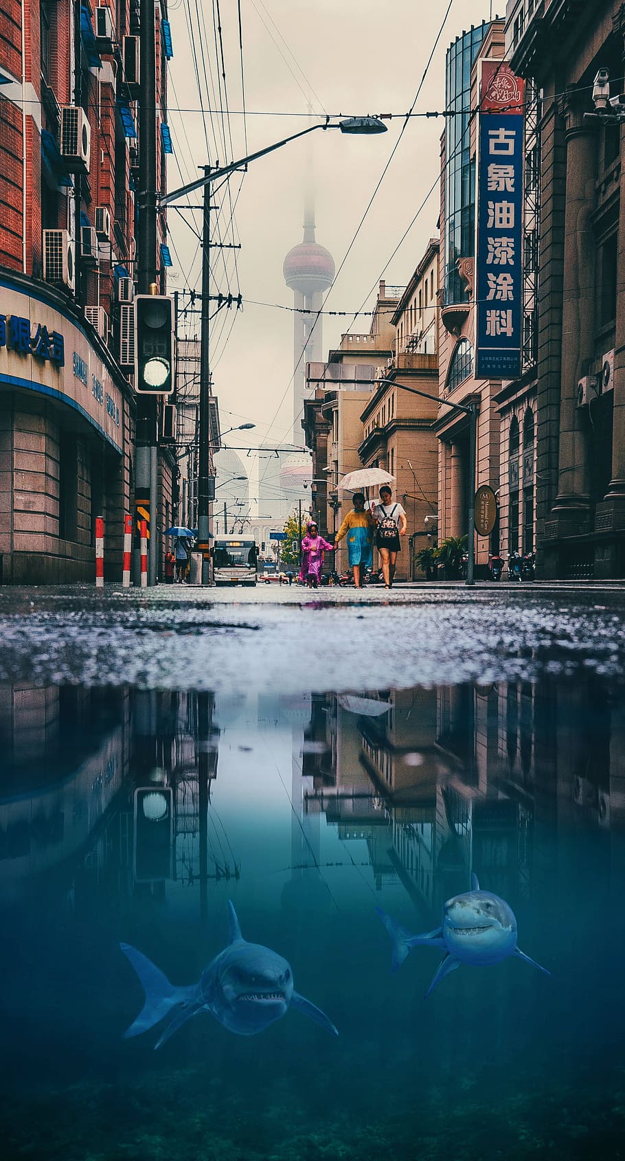 human, photomontage, city, road, composing, atmosphere, underworld, water, risk, architecture
