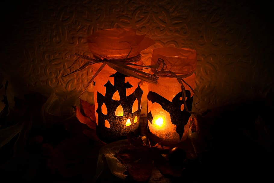 dos, temática, votiva, papel tapiz de vela, Halloween, Luz, Velas, Miedo, celebración, temporada