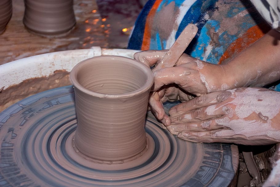 person, making, clay pot, clay, potter, wheel, artist, hand, handmade, work