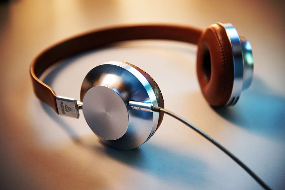 gray, brown, full-size, corded, headphones, music, song, foam, earphones, ipod