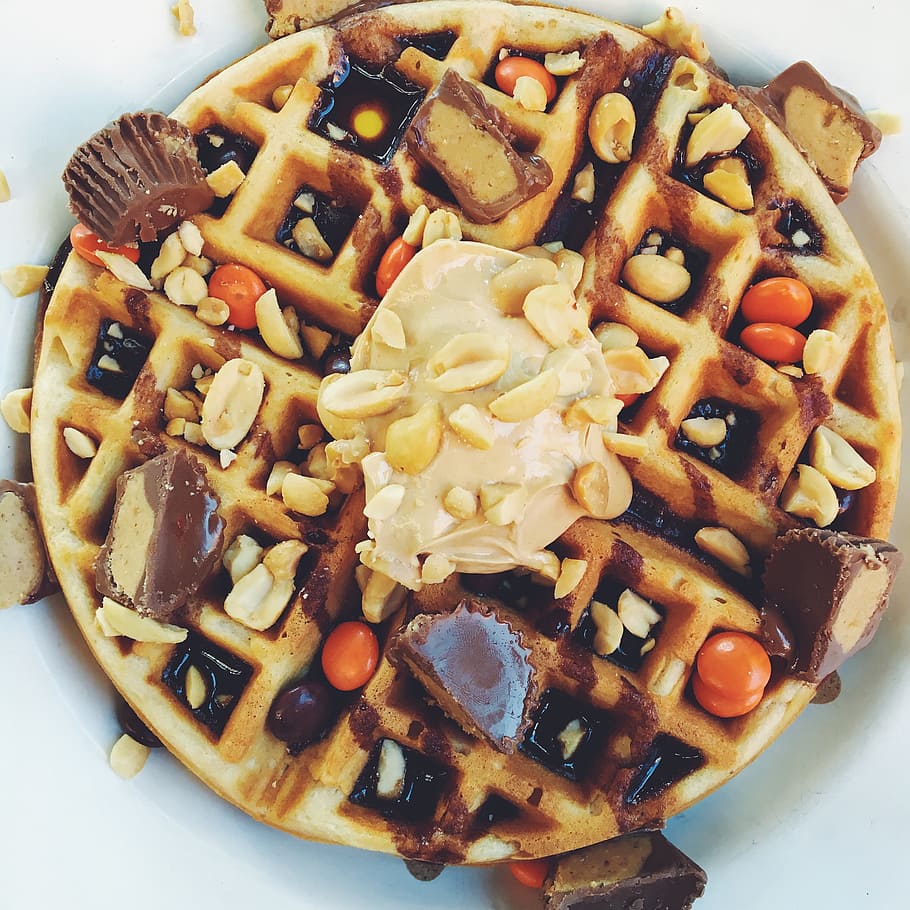 Waffle, Peanut Butter, Brunch, food and drink, food, freshness, directly above, close-up, ready-to-eat, plate