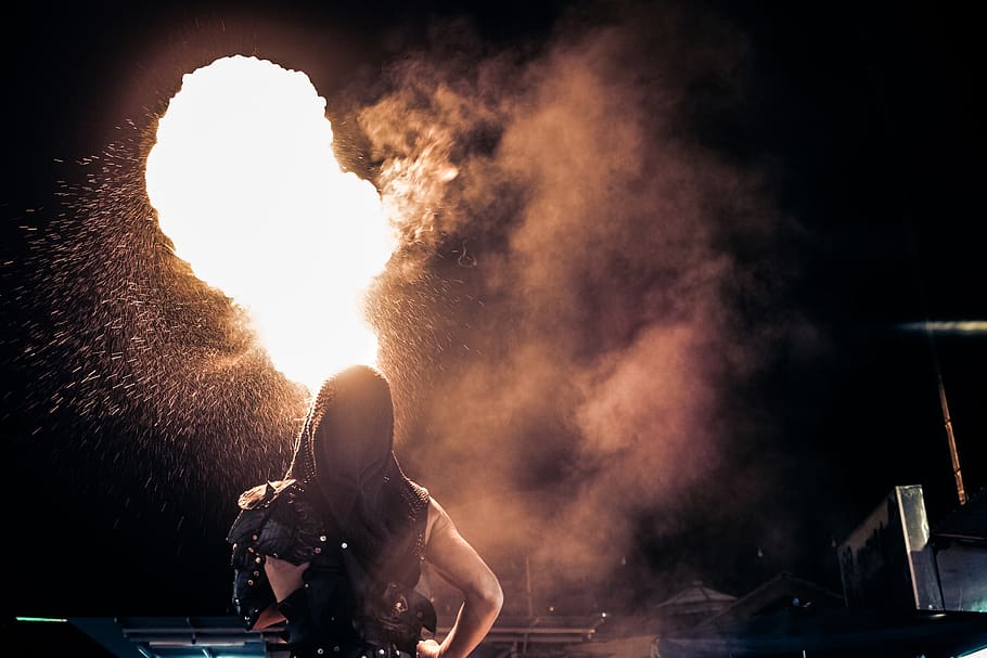 fire, flames, fire breathing, smoke, night, evening, people, entertainment, show, smoke - physical structure