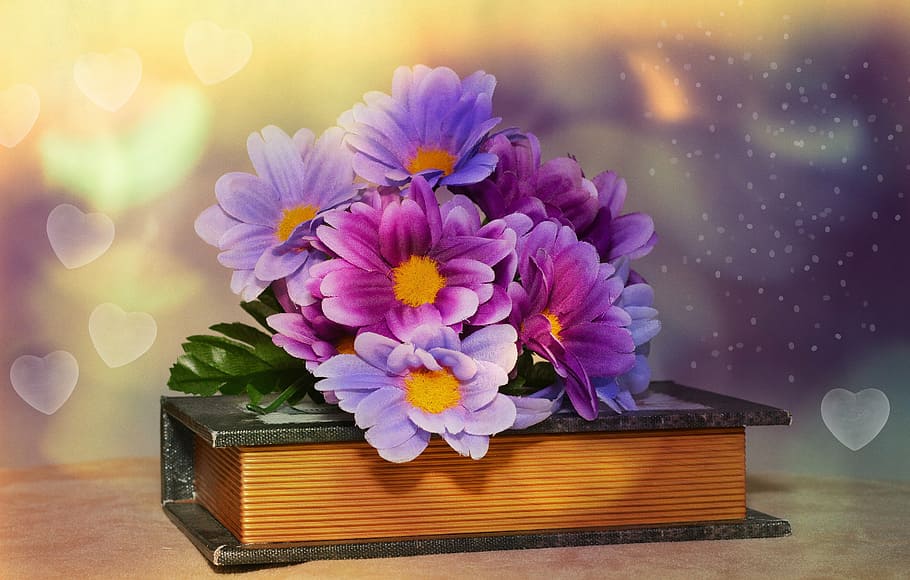 purple-and-yellow flower arrangement, top, book, selective, focus photography, flowers, artificial flowers, bokeh, flower, flowering plant