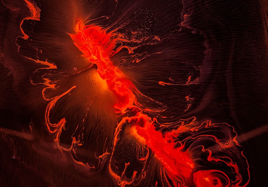 red, art, splash, water, close-up, nature, pattern, lava, motion, volcano