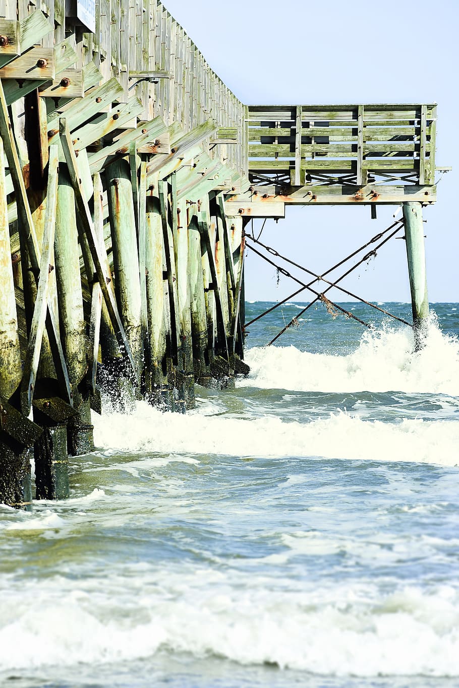 green, wooden, docking pier, beach, ocean, sea, water, blue, splash, wave