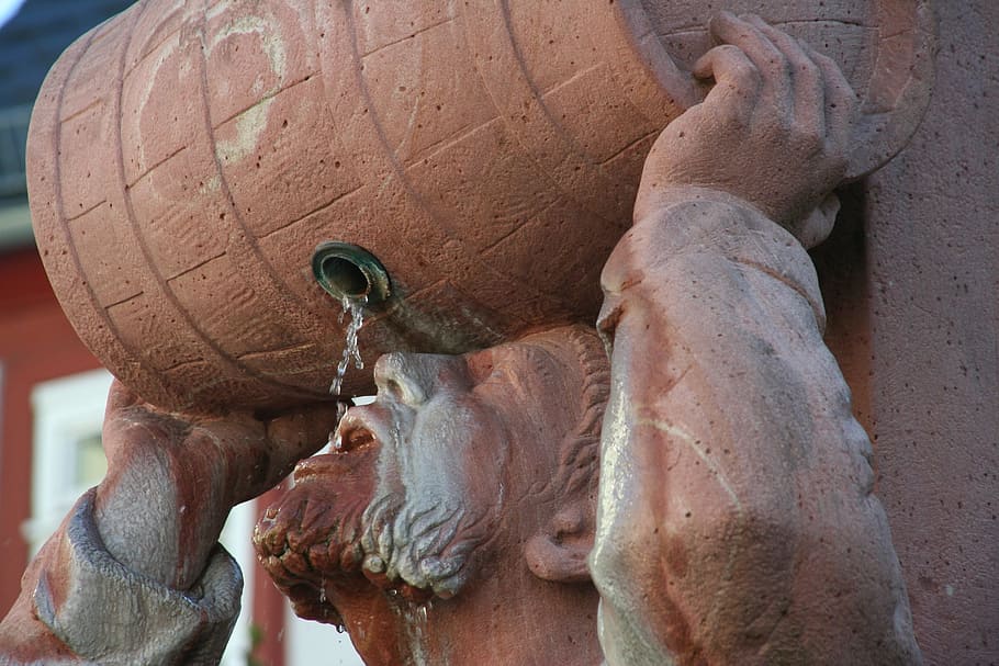 man drinking water, barrel statue, barrel, wine, drinkers, close-up, mammal, day, statue, representation