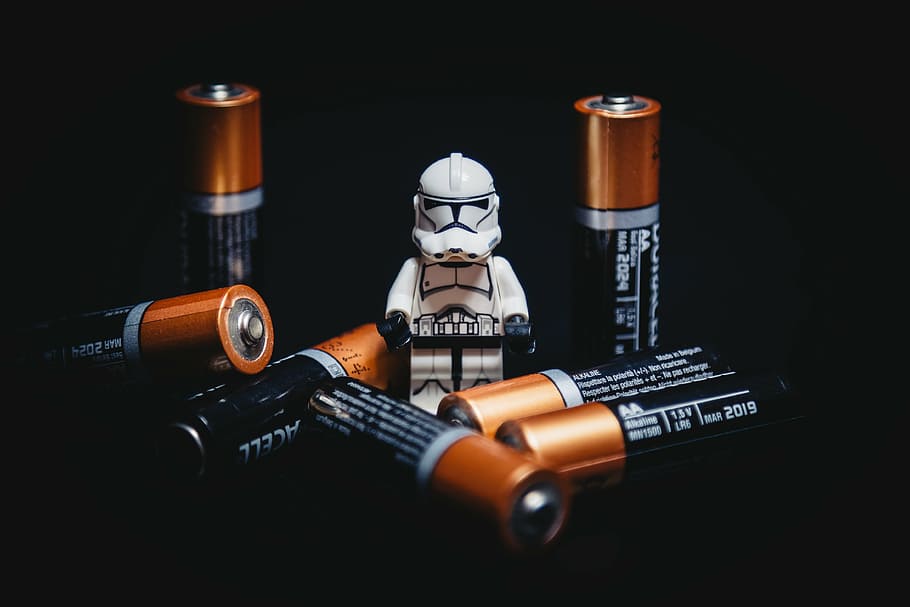 star wars lego minifigure, surrounded, batteries, shallow, focus, photography, lego, storm, trooper, battery