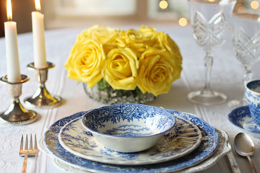 white, blue, floral, ceramic, dinnerware, table, candles, place setting, dinner, table setting