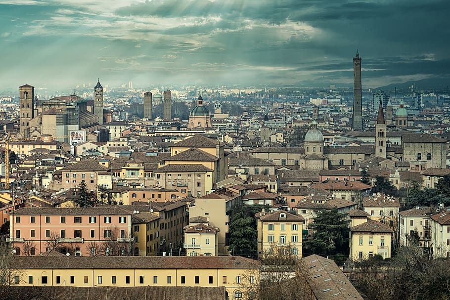 bologna, italy, historically, cityscape, overcast, urban, church, architecture, religion, atmosphere