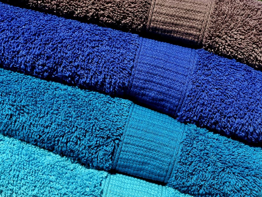 surtido de colores, doblado, toallas de baño, toallas, azul, turquesa, gris, colorido, estructura, color