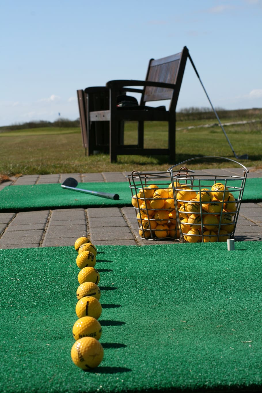 golf balls, mat, golf, driving range, line up, club, swing, practice, game, golfer