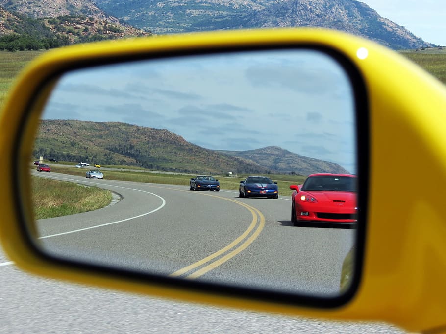 five, assorted-color sports vehicles, reflecting, side mirror, corvette, stingray, automobile, drive, performance, power