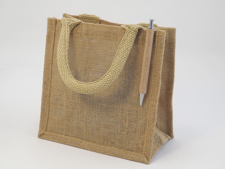 bag, weave, jute, pencil, wooden, natural, textile, studio shot, cut out, white background