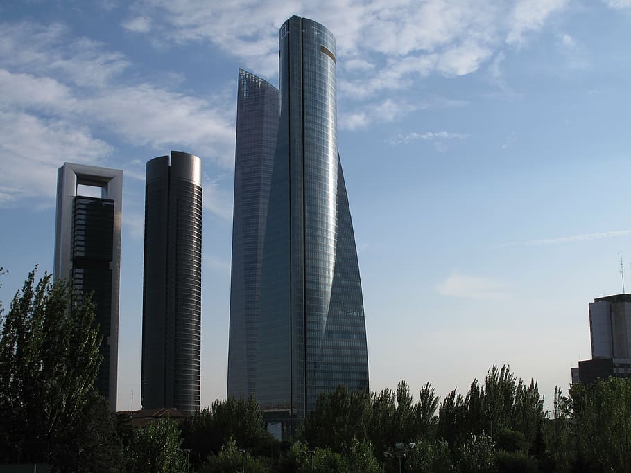 skyscraper, four towers, madrid, sky, spain, business, city, office, building, tower