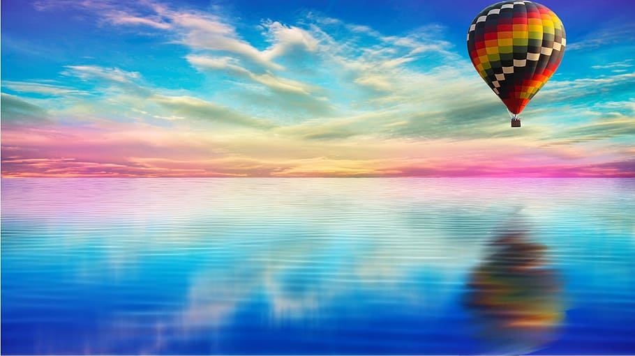 multicolored, hot, air balloon reflection, water, reflection, beautiful, sky, tranquil, blue, colorful
