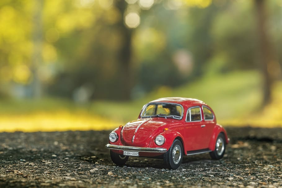 stilt shift, red, volkswagen beetle scale model, selective, focus photography, car, model, beetle, vw, volkswagen