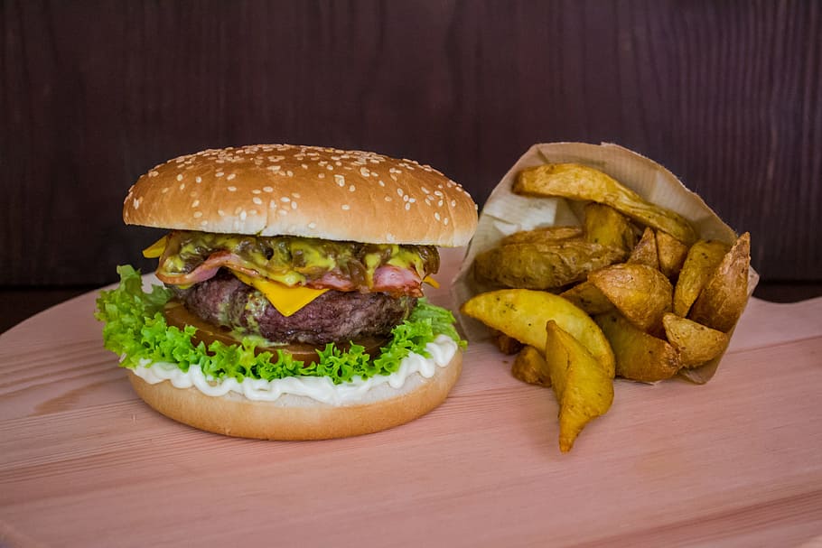 burger, hamburger, wedges, fries, potatoes, food, lunch, meat, meal, cheeseburger
