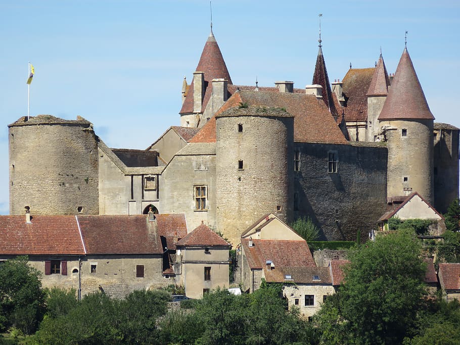 chateauneuf-en-auxois, kastil, abad pertengahan, dinding batu, burgundy, desa, perancis, bangunan eksterior, arsitektur, struktur yang dibangun