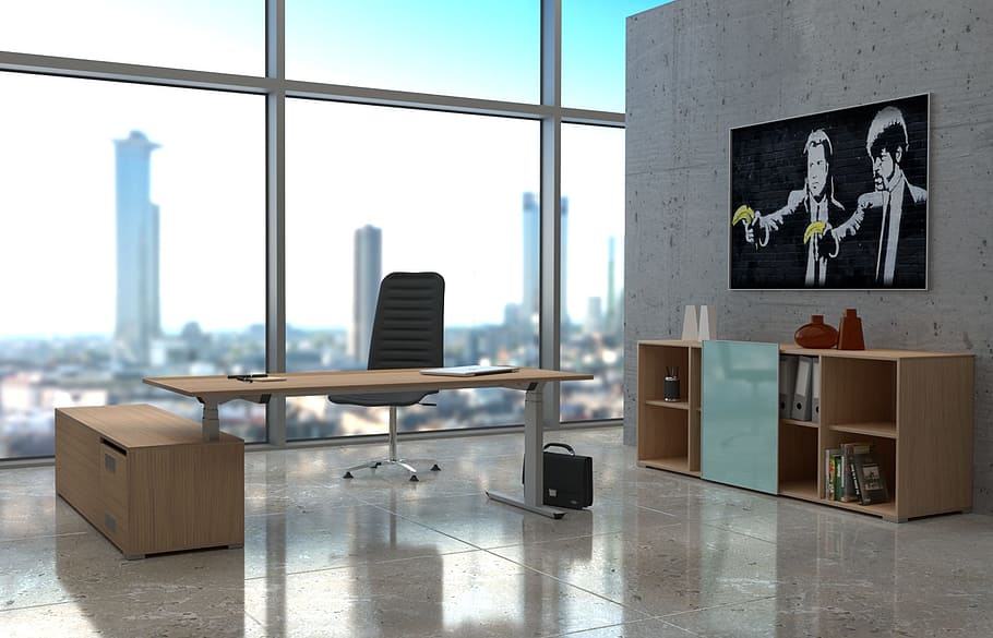marrón, de madera, escritorio, al lado, estante cubículo, oficina, rascacielos, vista, render 3d, licuadora