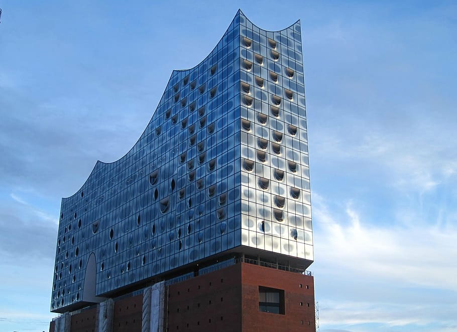 marrón, gris, alto, edificio de levantamiento, azul, cielo, durante el día, sala filarmónica de Elba, Hamburgo, edificio