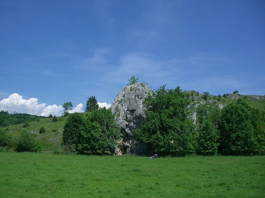Escalada en roca, Escalada, Roca, Pared, pared de roca, azul cielo, valle de eselsburg, alba suabia, árbol, naturaleza