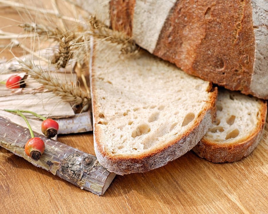 sliced, bread, wood sticks, brown, wooden, surface, wood oven bread, bread crust, crispy, baked