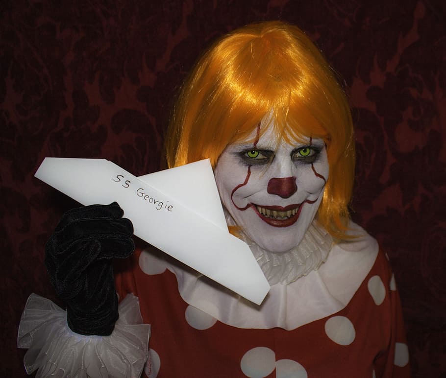 pennywise, clown, one person, portrait, blond hair, indoors, smiling, hair, headshot, celebration