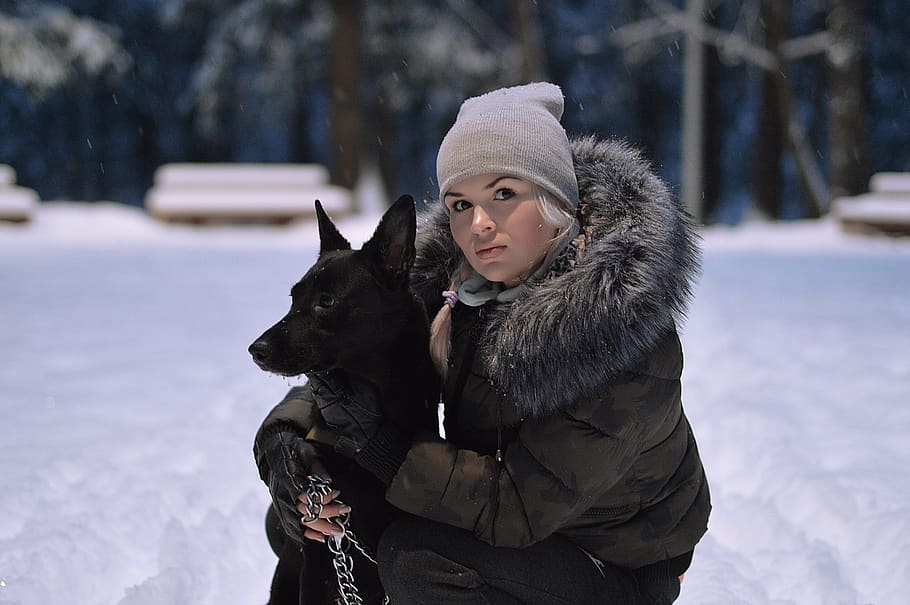 girl with dog, black shepherd, mongrel, blonde woman with dog in winter forest, winter forest, snow, christmas tree, spruce, dog, hug
