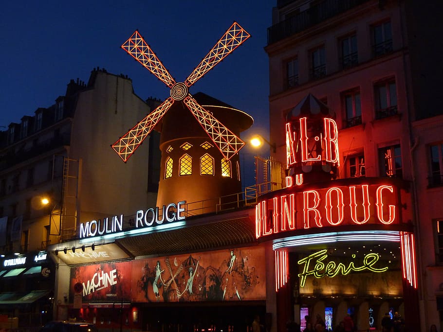 moulin rouge signage, moulin rouge, paris, red mill, montmartre, pleasure, pigalle, stroke, red light district, atmosphere