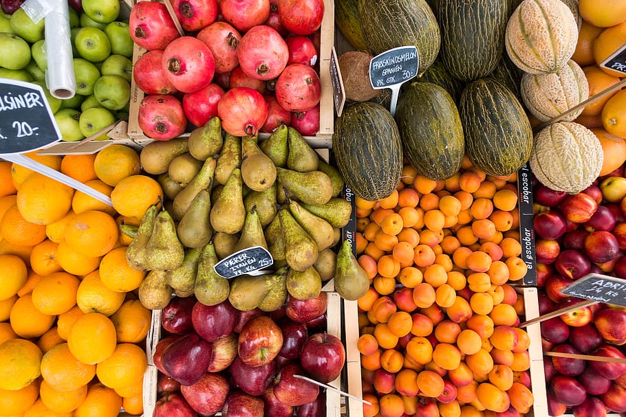 frutas, mercado, comida, saudável, laranjas, maçãs, peras, melões, nectarinas, pêssegos