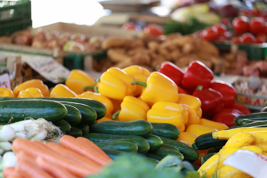 selectivo, fotografía de enfoque, verduras, mezclado, maduro, vegetal, alimentos, mercado, frescura, tienda